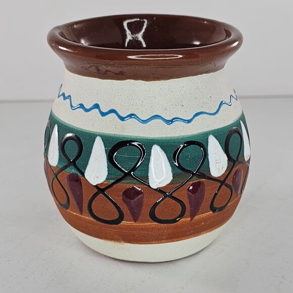 Hand-Painted Mexican Clay Pottery Jarrito Little Jug Glazed Coffee Mug Signed - Picture 6 of 10